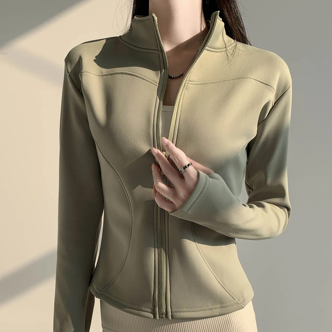 加绒加厚秋冬跑步健身运动服拉链开衫长袖上衣拉毛紧身指扣瑜伽服