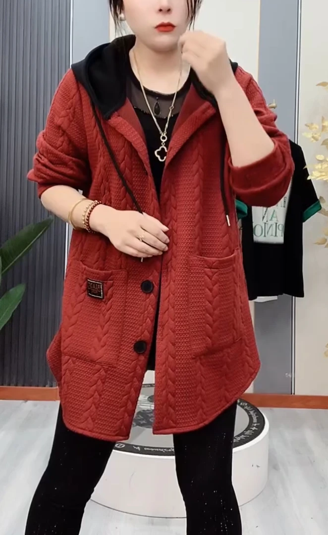 新款大码外套宽松开衫风衣时尚休闲百搭洋气显瘦连帽中长款外套