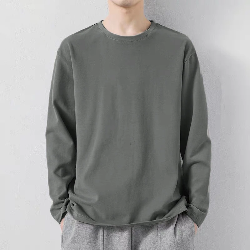 270g重磅纯棉长袖T恤男纯色宽松春秋款上衣圆领白色内搭打底衫男