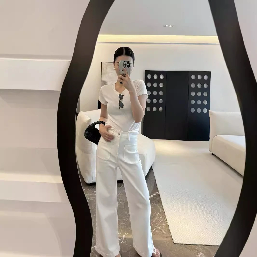 瀚柯|秋季新款极简风阔腿裤 前贴双口袋土耳其棉白色宽松裤子女