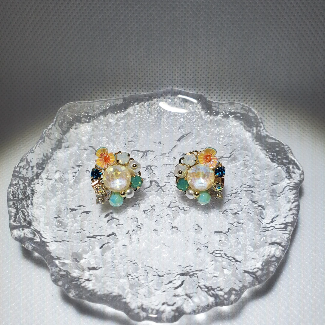 铜合金耳饰 029黎明曙光   花朵水晶手工耳钉小清新饰品设计