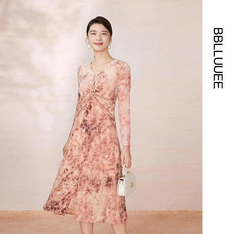 【晨粉专享价】【诗艺植绒烧花裙】粉蓝衣橱25冬新款V领长袖