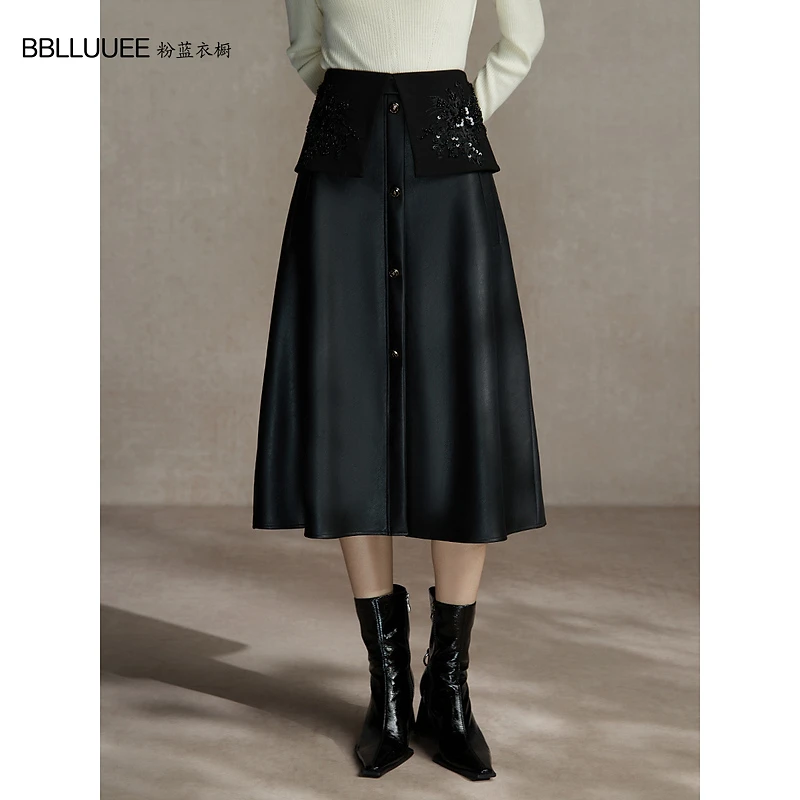 【晨粉专享价】BBLLUUEE粉蓝衣橱复古东方PU皮半裙女秋冬新款刺