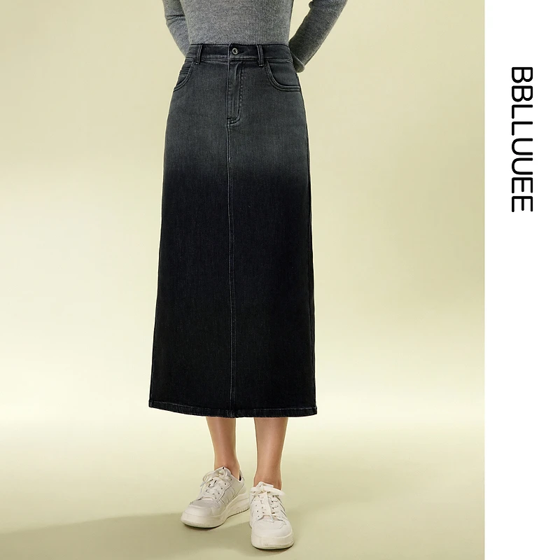 【晨粉专享价】【渐变色牛仔半裙】 粉蓝衣橱2025新款棉质开衩直筒