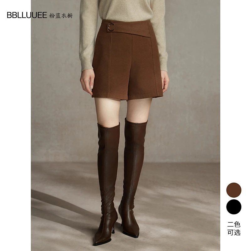 【晨粉专享价】BBLLUUEE粉蓝衣橱时尚通勤高腰双面磨毛短裤女秋冬