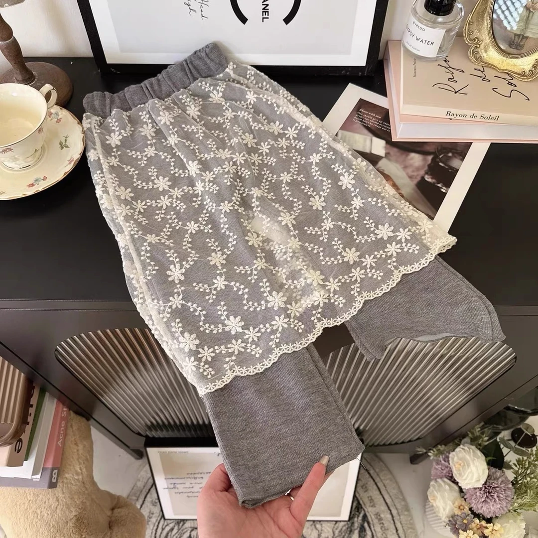 0114款垂感针织长裤女童叠穿蕾丝屁帘半身裙拼接假两件阔腿裤潮