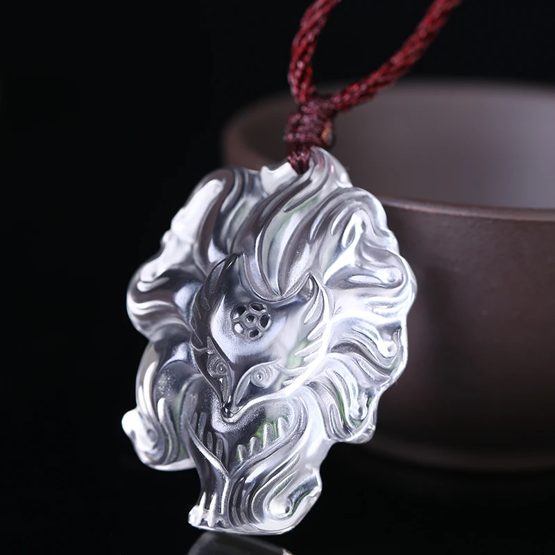 天然白水晶九尾狐吊坠男女士狐狸项链挂件钥匙扣链饰品吉祥物