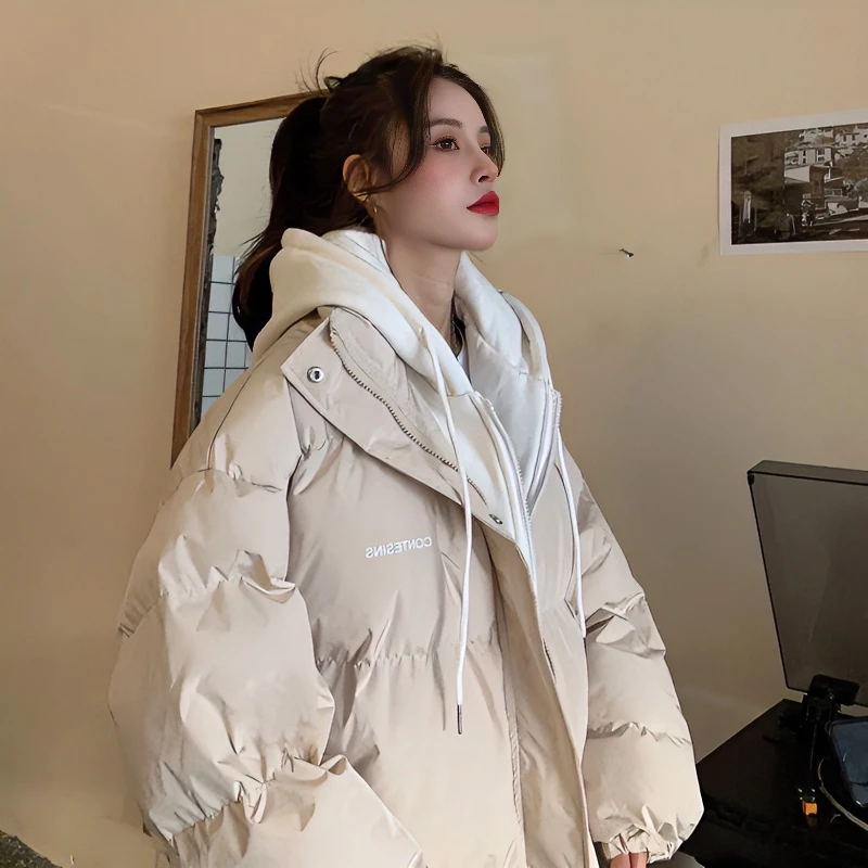 韩版学生新款羽绒服女2024冬季宽松加厚休闲连帽假两件棉衣外套