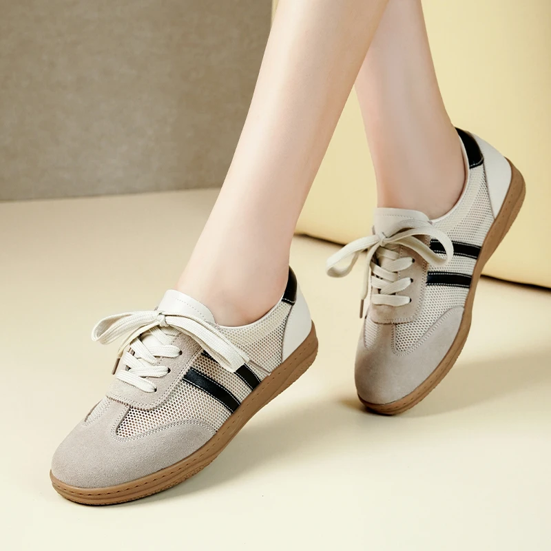 意佰天夏季真皮女鞋网面透气软底运动鞋徒步登山软牛筋底休闲鞋女