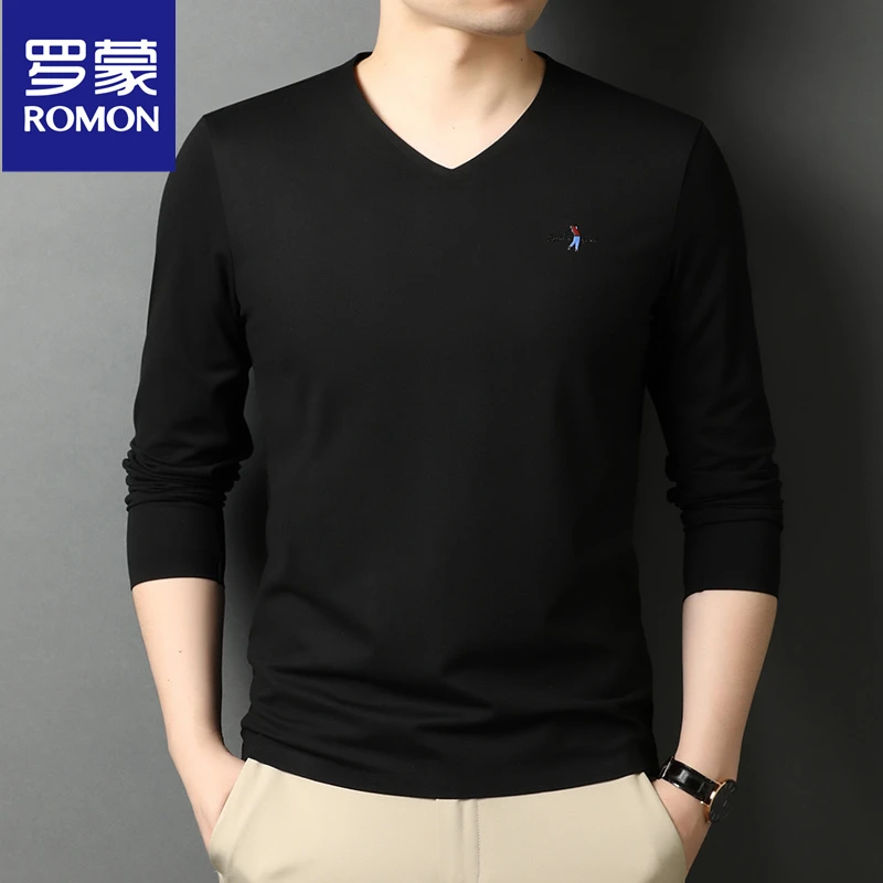 罗蒙春秋季新款男士V领长袖T恤休闲宽松纯色鸡心领上衣高档打底衫
