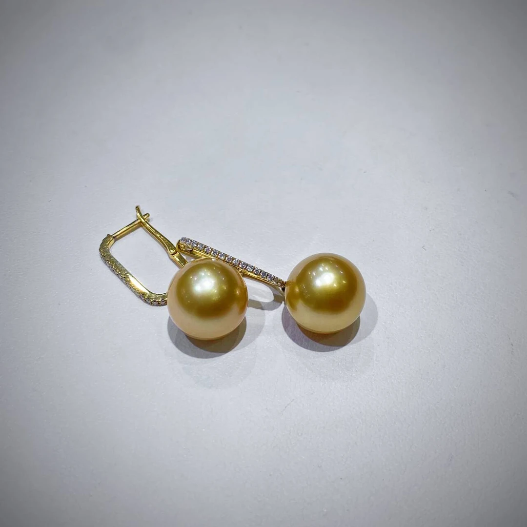 【专柜品质•金珠】18k钻高品质正圆12-13极光浓金珍珠耳坠高级气质