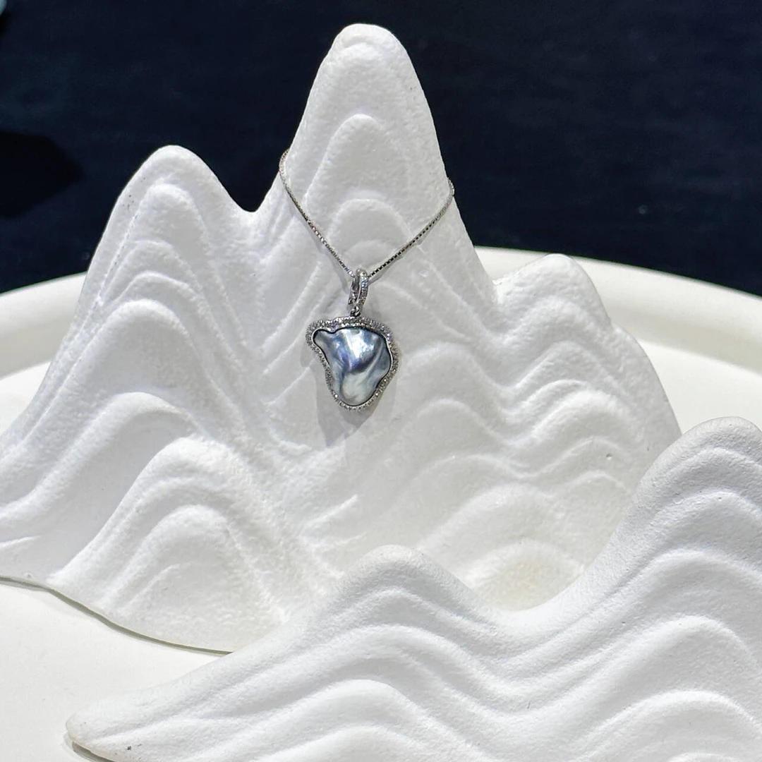 【稀有铂金灰野生 】18K金野生大溪地keshi珍珠万能金扣吊坠10-14mm