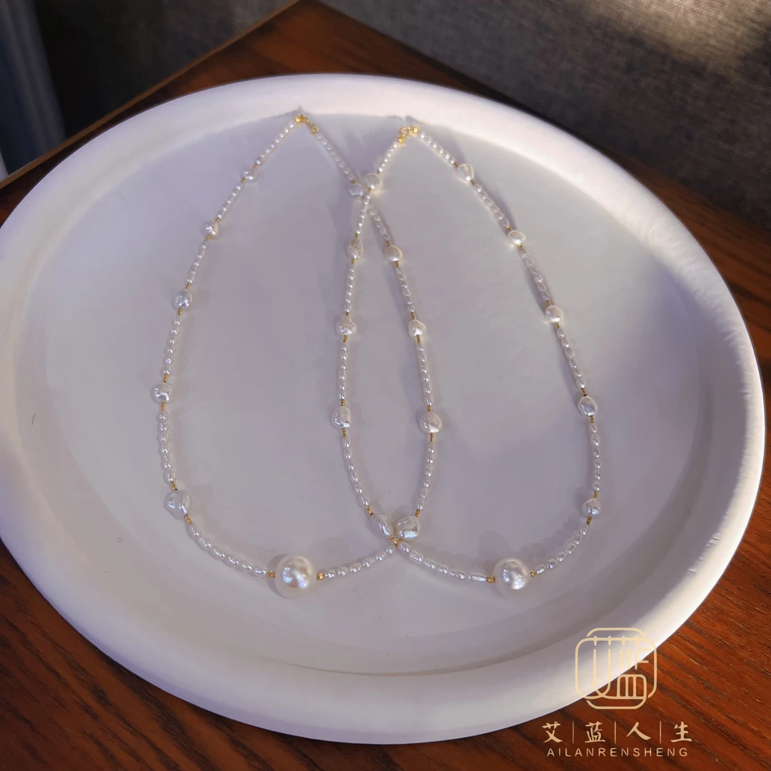 【掌上明珠】18k金优质极光野生Keshi珍珠项链高定7-12多样性发其一