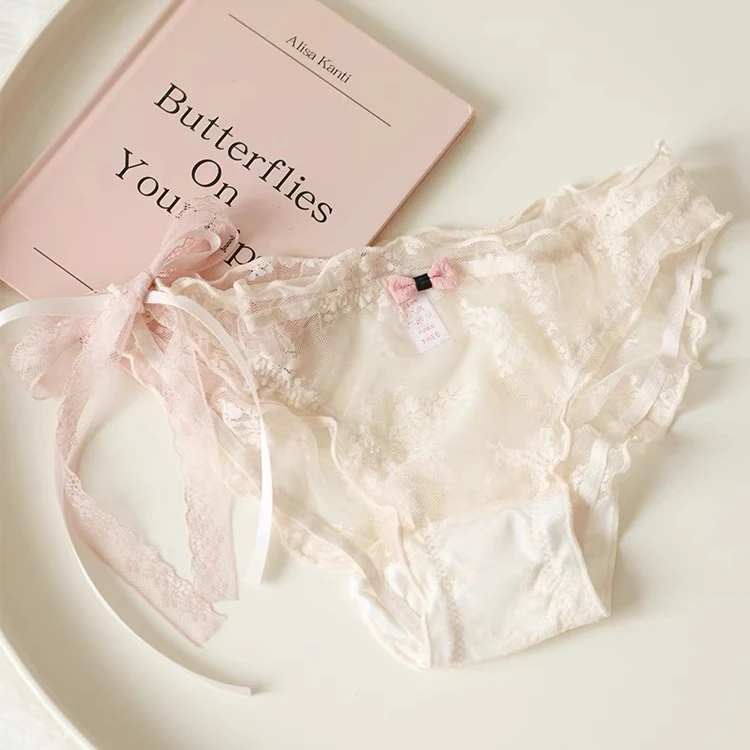 蝴蝶结绑带～性感纯欲蕾丝低腰女士内裤法式少女薄款日系网纱透明