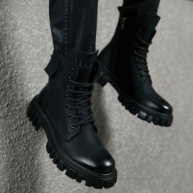 新款英伦风复古轻奢马丁靴男黑色潮流厚底高帮机车休闲工装靴皮鞋