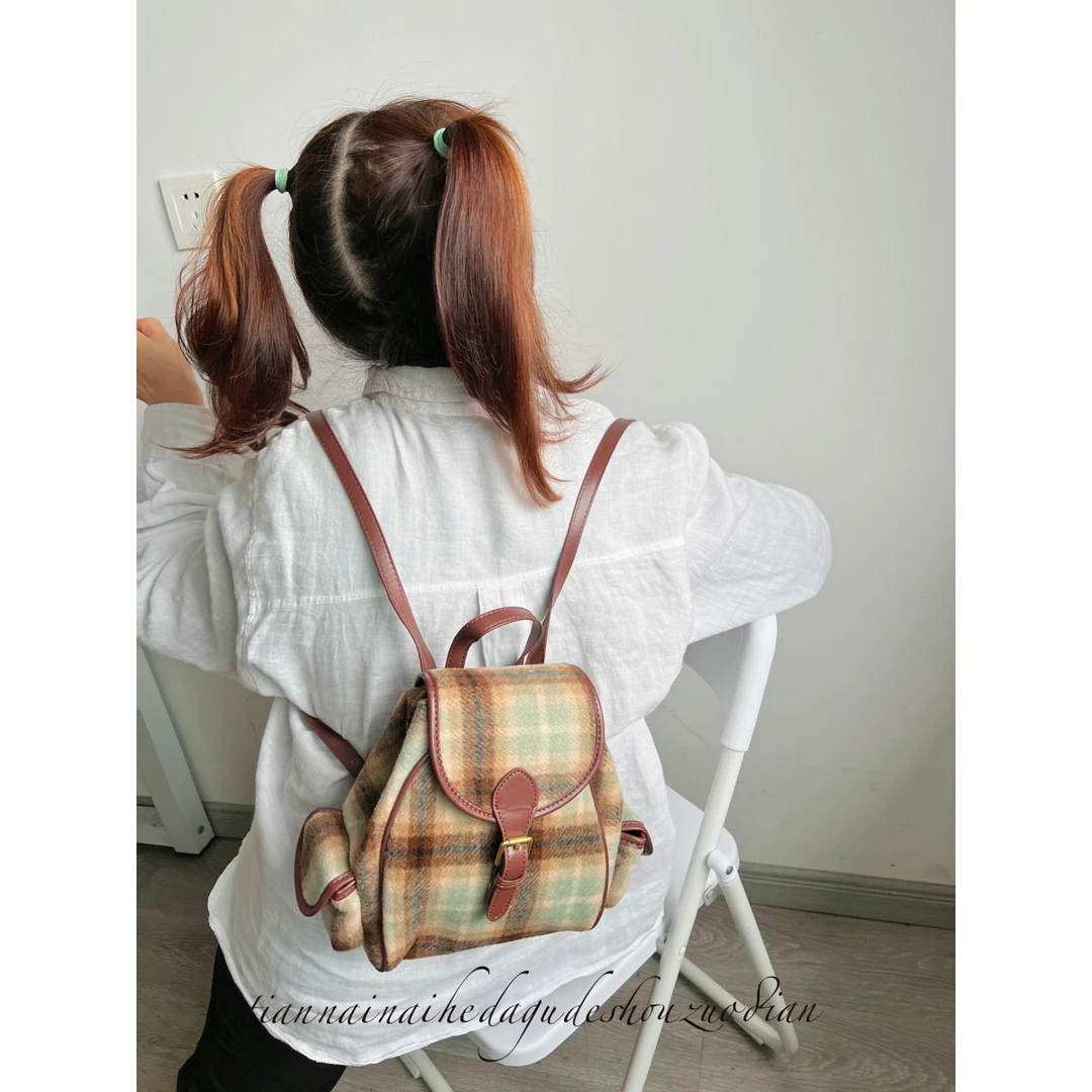格格小绒复古文艺双肩包多用学院风格子休闲小众小包包双肩包女