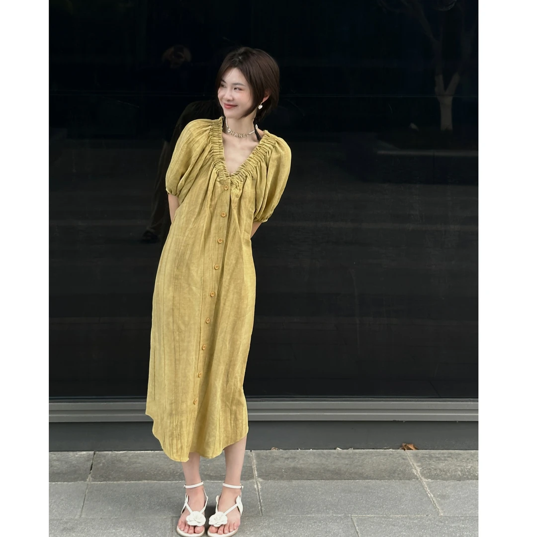 【姜糖】法式气质优雅显瘦连衣裙女v领夏季复古天丝麻宽松长裙