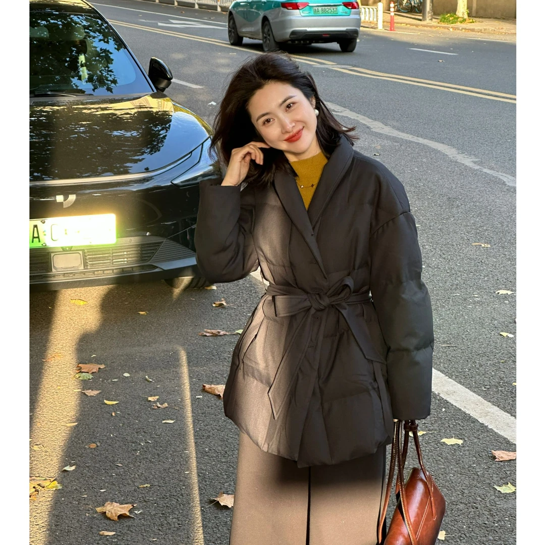 冬季简约收腰绑带鹅绒服外套短款小个子羽绒服