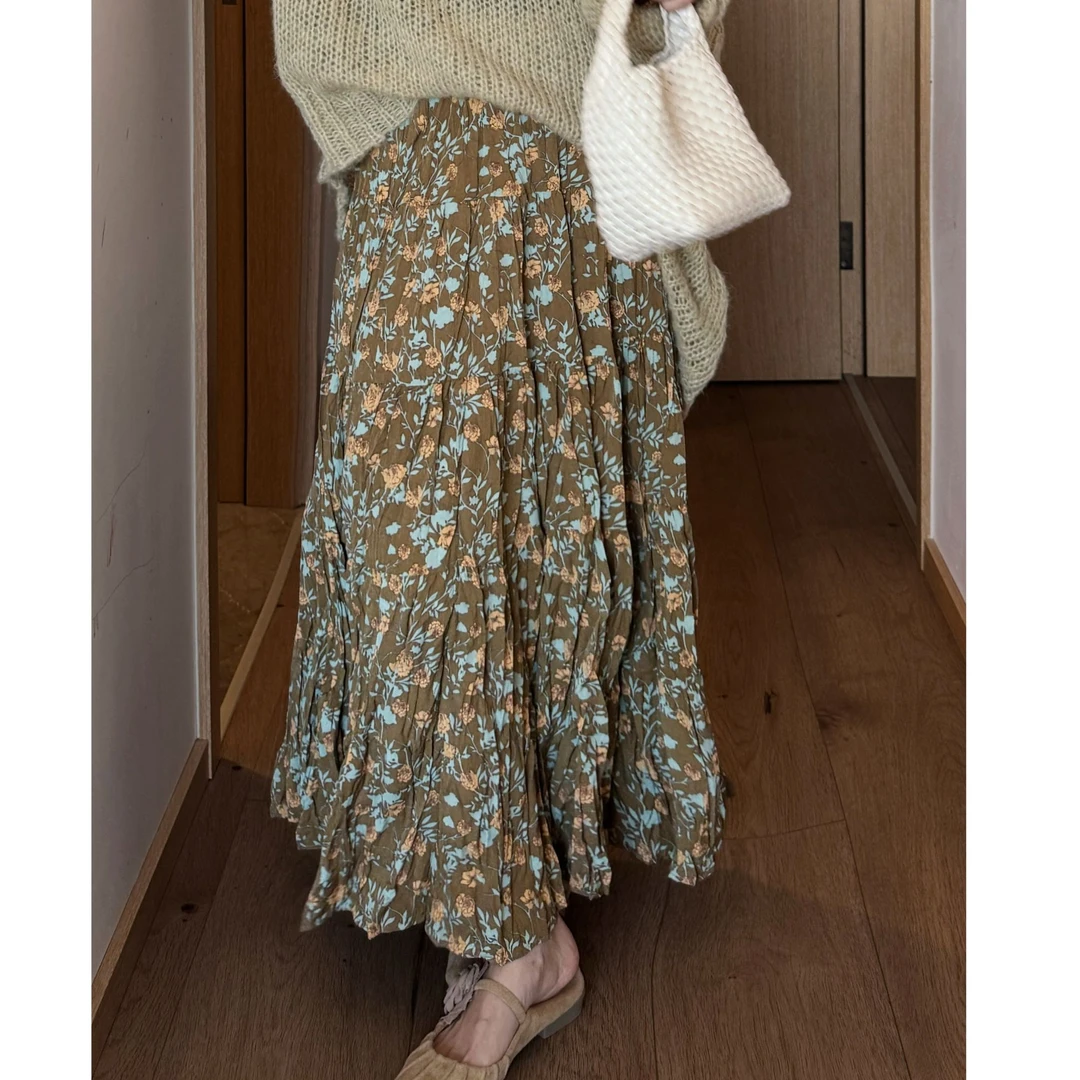 【花茶】秋季新款宽松百搭显瘦大摆A字裙复古褶皱碎花半身裙