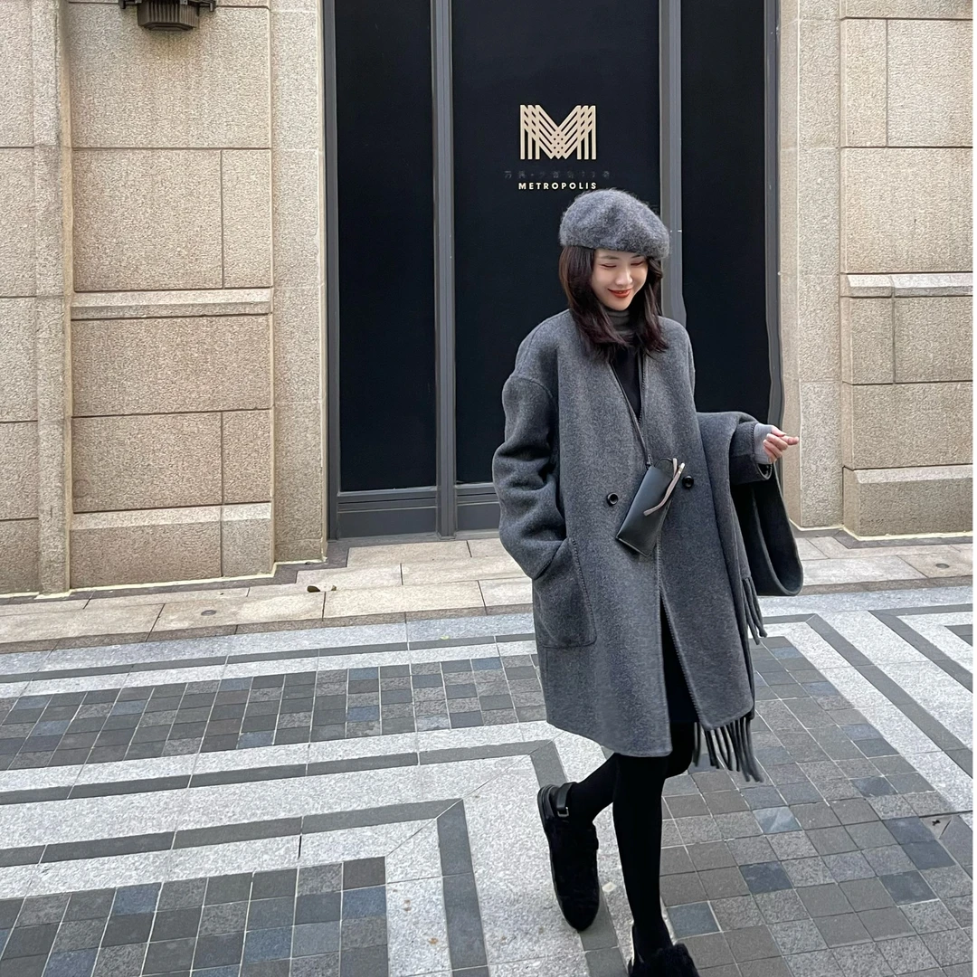 秋冬中长款羊毛混纺双面呢外套韩版小个子呢大衣带围巾