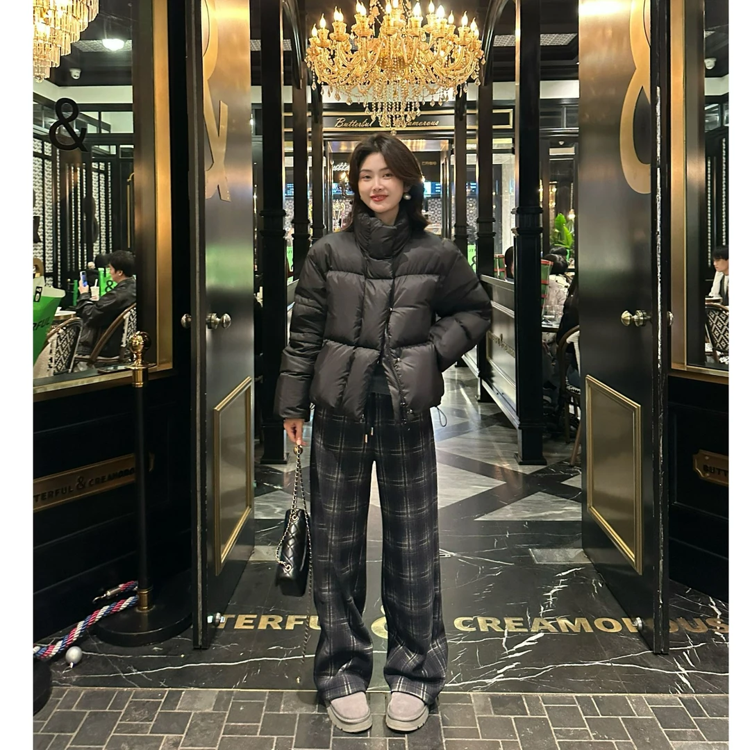 法式复古格纹休闲裤女/冬季加绒加厚保暖阔腿裤直筒裤