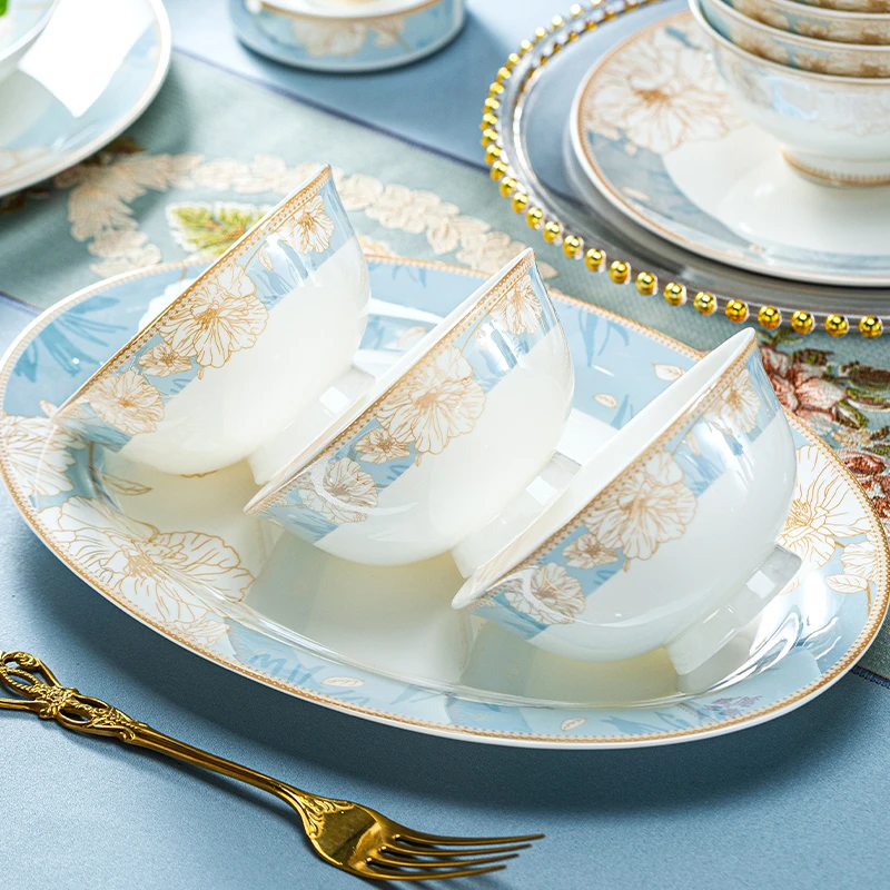 景德镇陶瓷碗家用描金家用吃饭碗高脚防烫饭碗米饭碗北欧风餐具