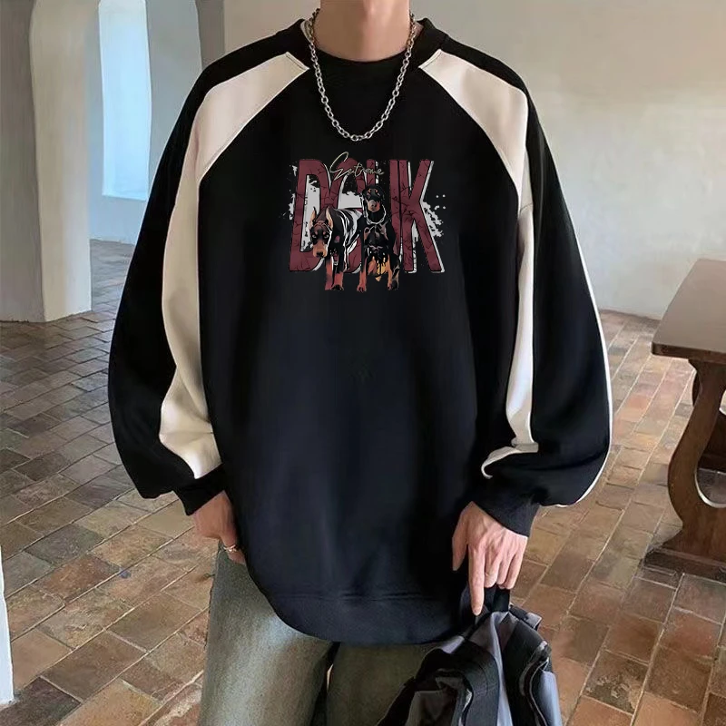 黑白撞色重磅纯棉圆领卫衣ins秋冬季宽松美式长袖t恤拼接外套上衣