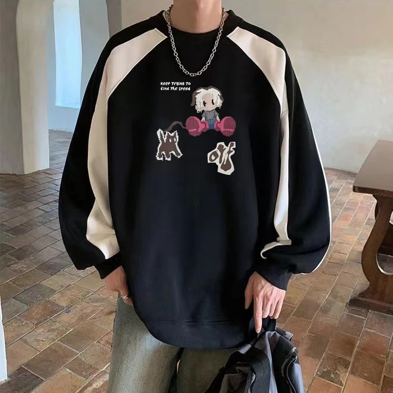 重磅长袖卫衣加绒秋冬新款撞色拼接潮流美式圆领宽松加厚休闲外套