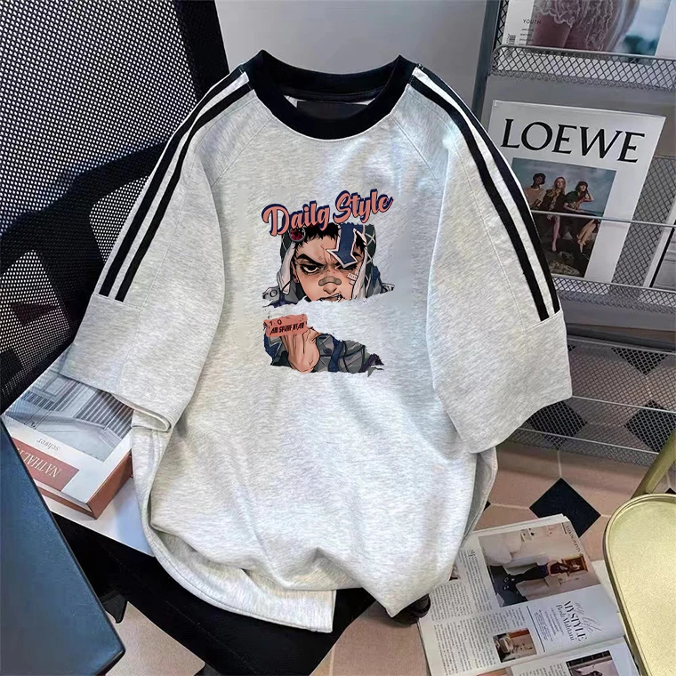 美式休闲高街插肩袖短袖t恤男夏季潮牌ins三条杠拼接重磅纯棉上衣