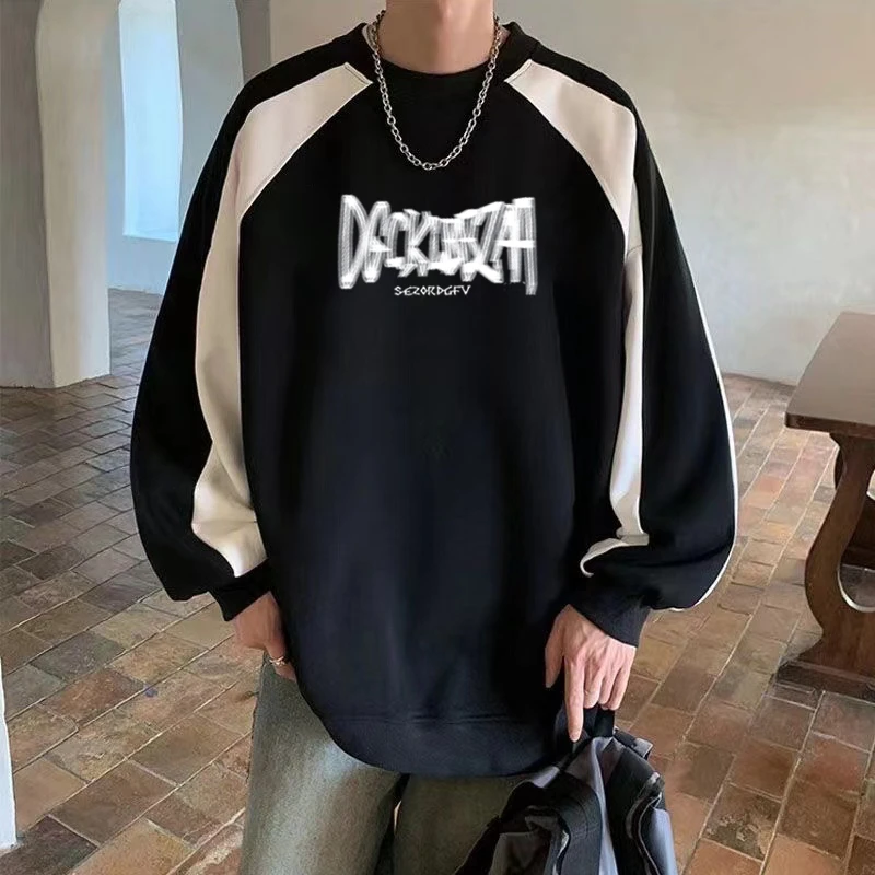 重磅纯棉圆领美式宽松卫衣2024新款加绒外套加厚潮牌拼接撞色上衣