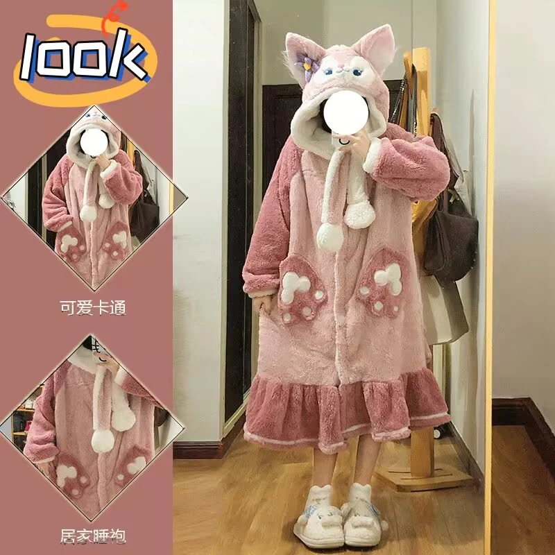 2025新款玲娜贝儿睡袍卡通少女家居服长款睡衣加绒加厚珊瑚绒女冬