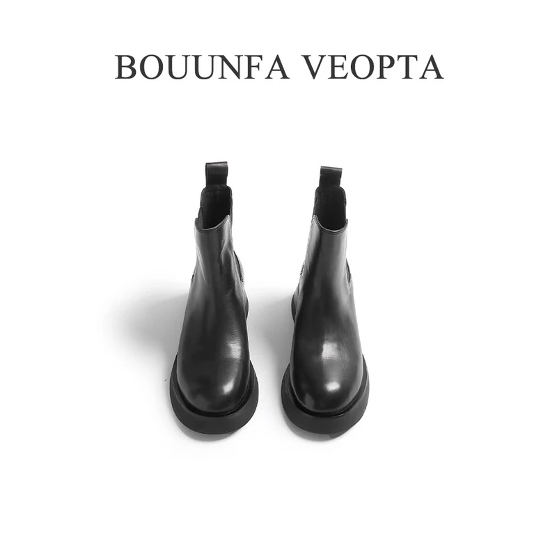 BOUUNFA VEOPTA高版女士皮靴百搭圆头短筒胎牛真皮简约时尚切尔西