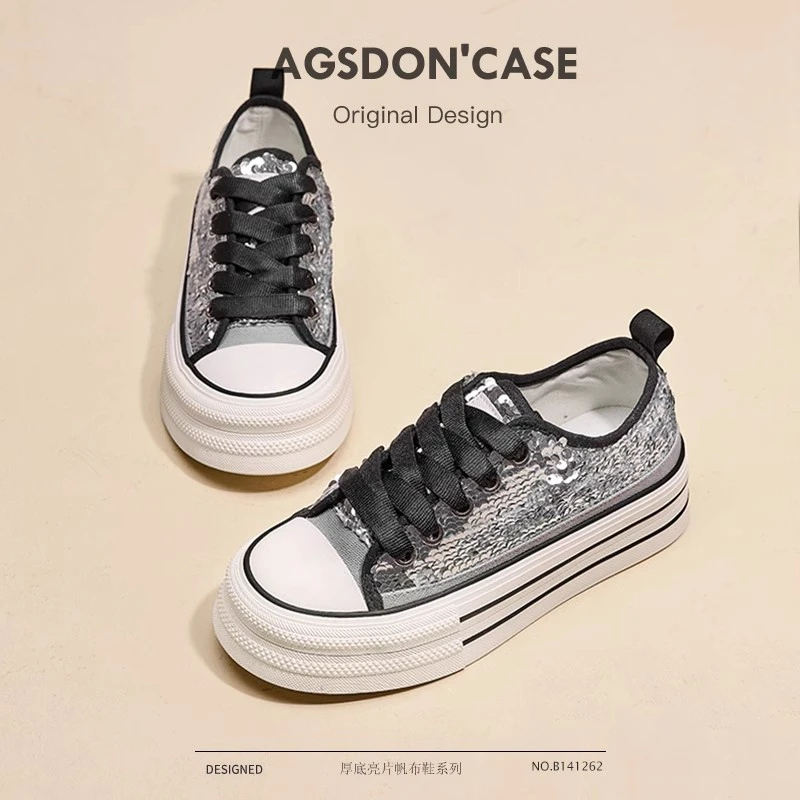 B141262厚底亮片帆布鞋女2024新款夏薄款透气银黑色浅口低跟板鞋