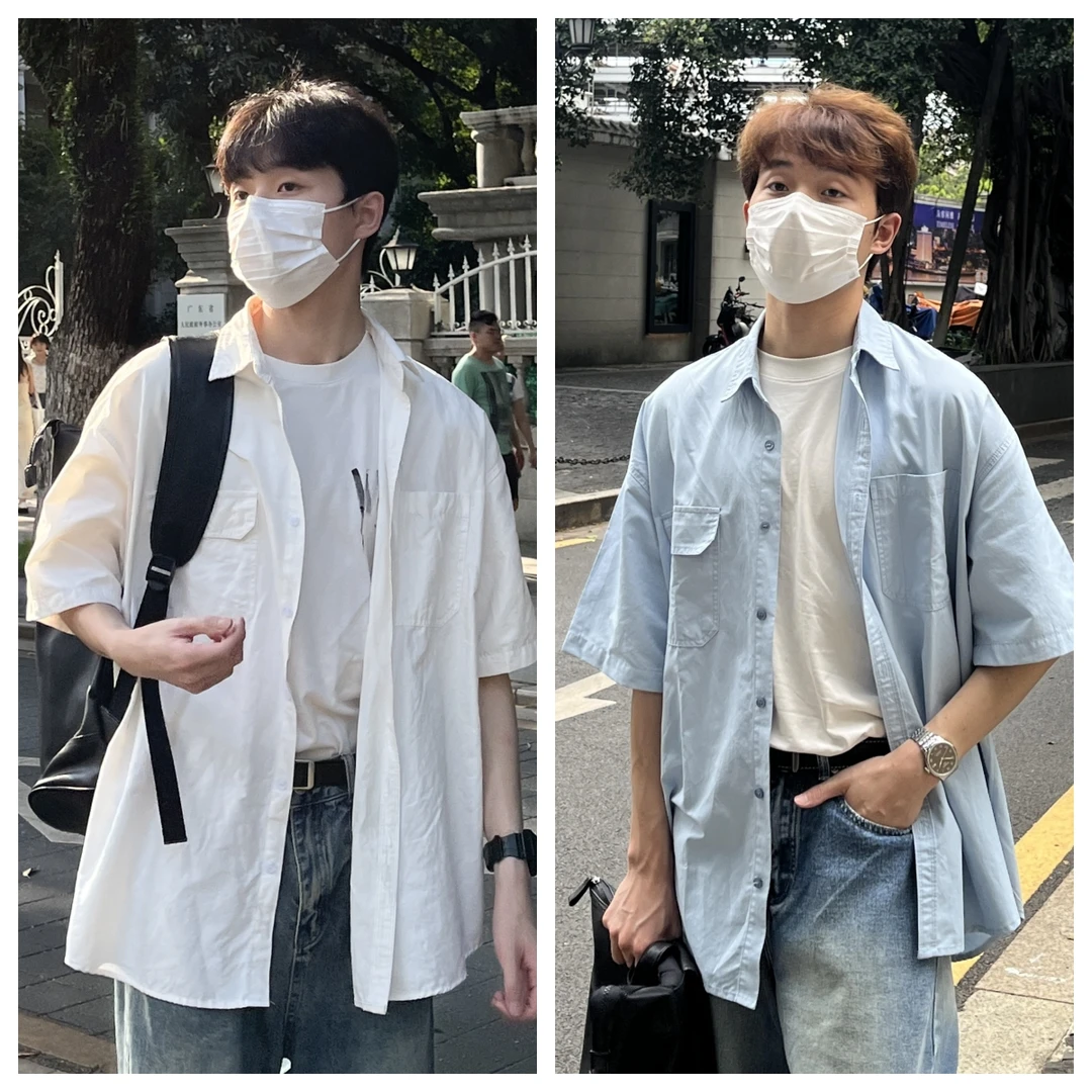 苏大恒韩版ins春夏薄款纯色短袖衬衫宽松男百搭夏季休闲五分外套