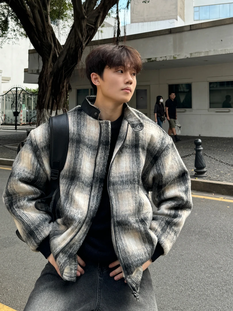 清仓！秋冬韩版复古百搭格子立领拼接设计感毛呢加厚夹克棉服外套