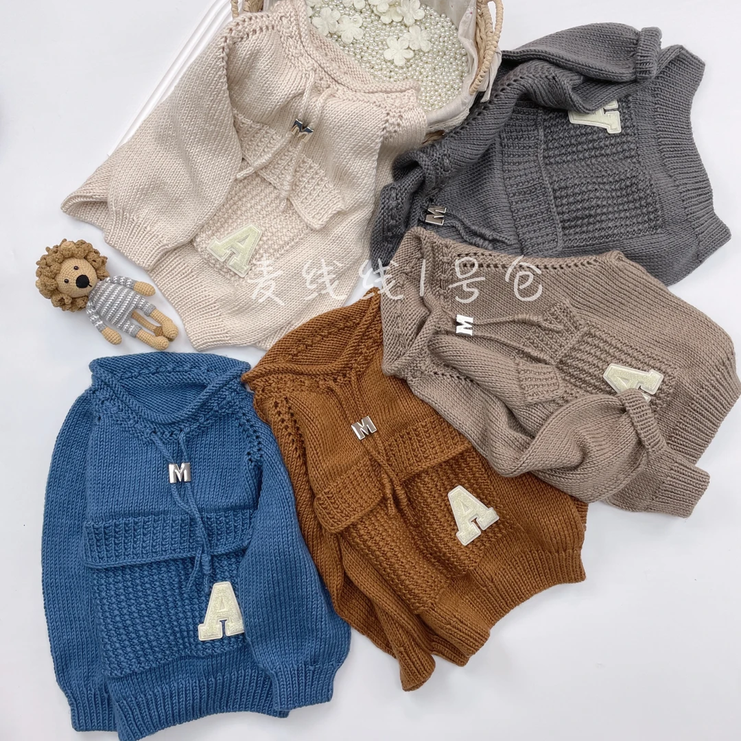 成品（M标抽绳大口袋A字母圆领毛衣） 纯手工编织 柔软毛绒线