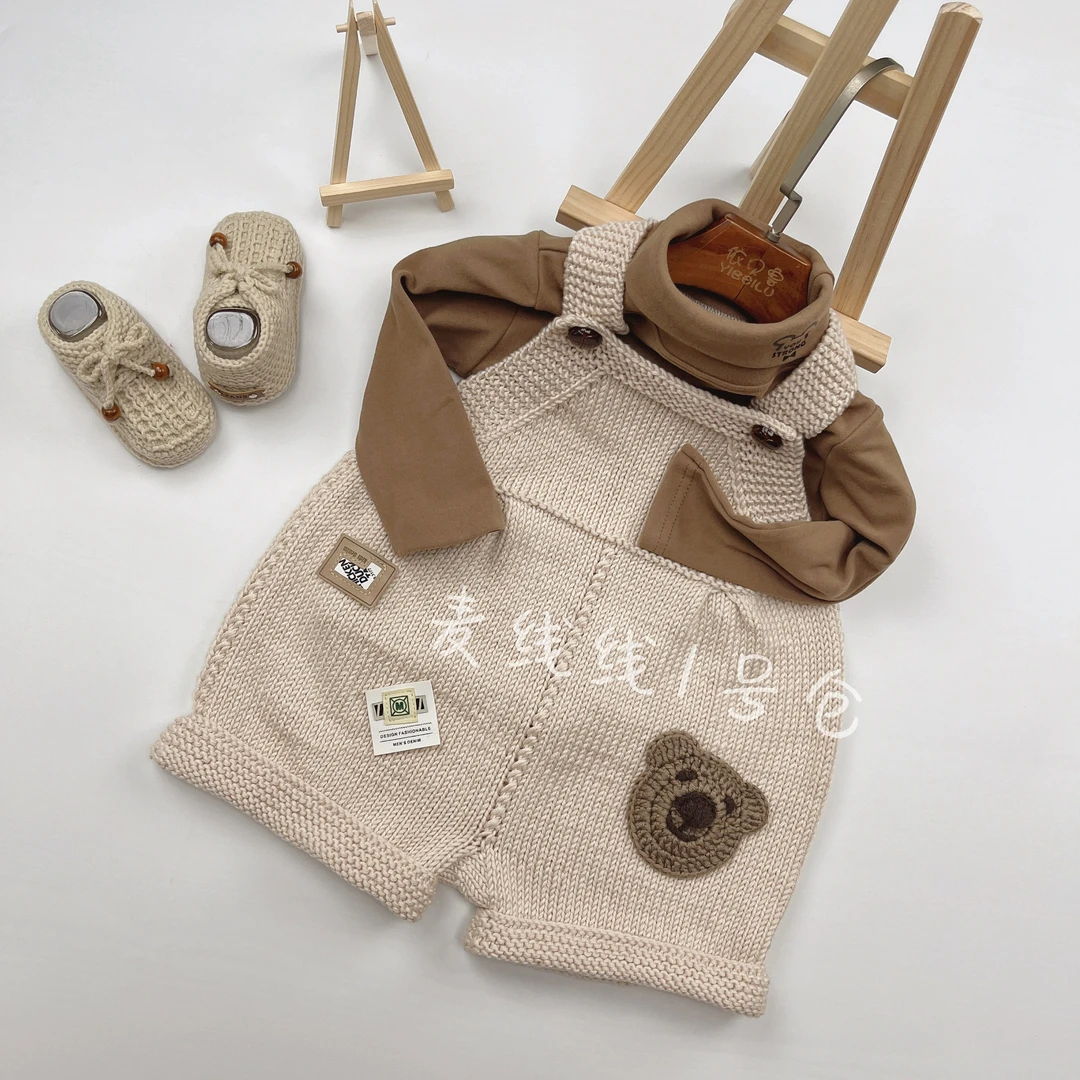 73#潮牌背带裤材料包（不是成品）手工毛线 送工具教程皮标手钩小熊