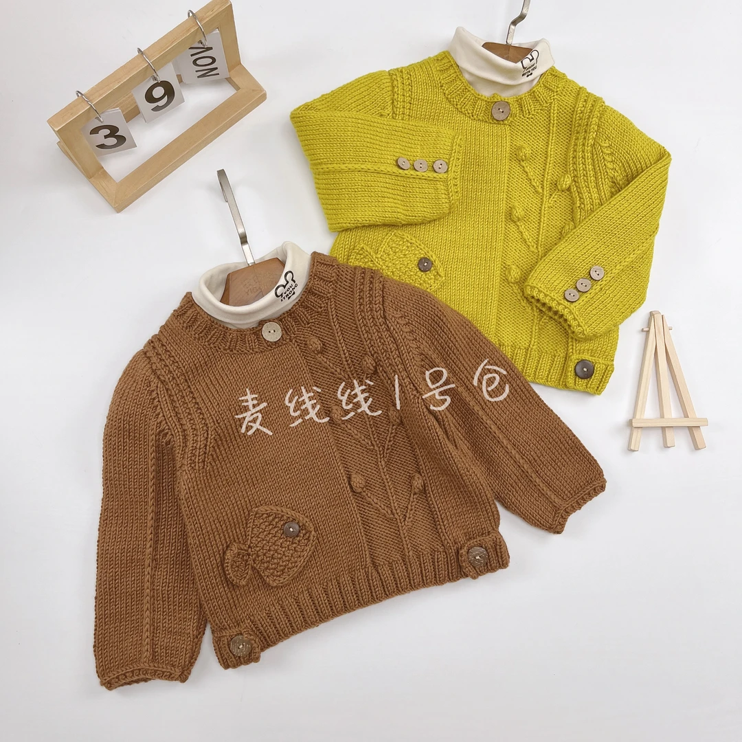 成品 长袖小鱼儿圆领套头毛衣（纯手工编织）柔软 亲肤