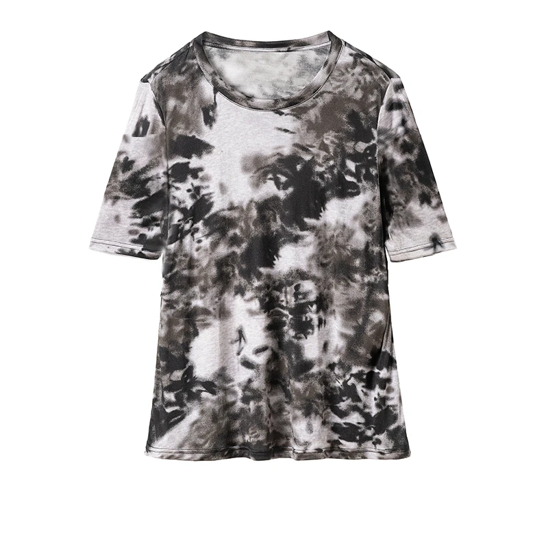 夏季针织真丝圆领桑蚕丝T恤印花透气舒适短袖上衣，衣长58起