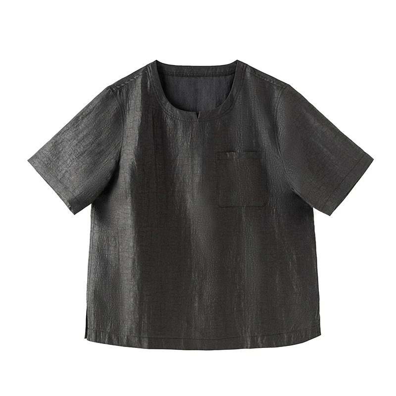 龟裂纹香云纱男士圆领短袖T恤桑蚕丝上衣  宽松有兜  衣长70厘米