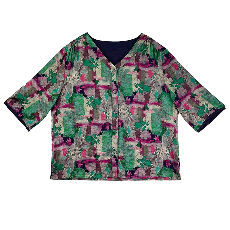 夏季珍珠缎桑蚕丝V领开衫时尚宽松印花新中式真丝上衣