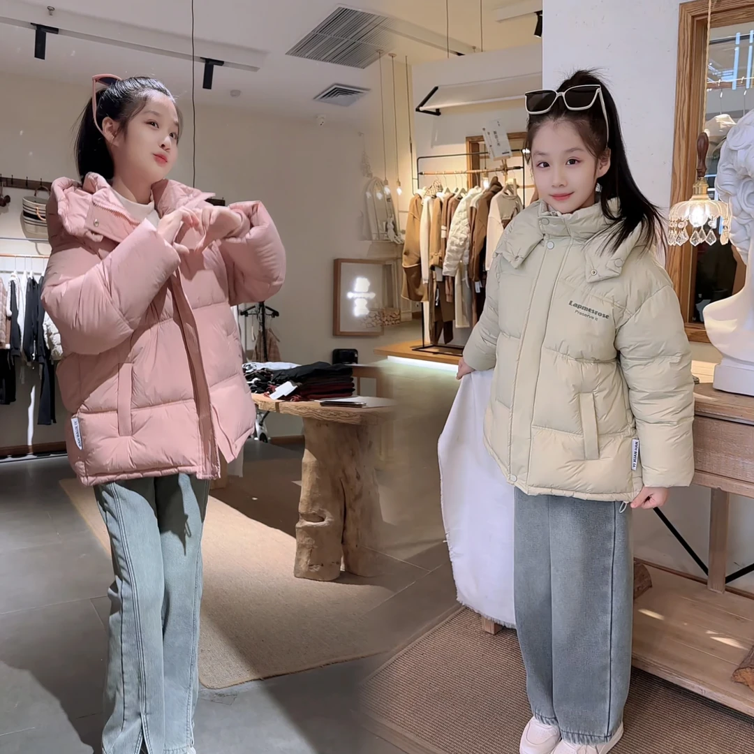 女童字母连帽棉服2024新款时尚保暖中大童女孩韩版休闲加厚棉衣冬