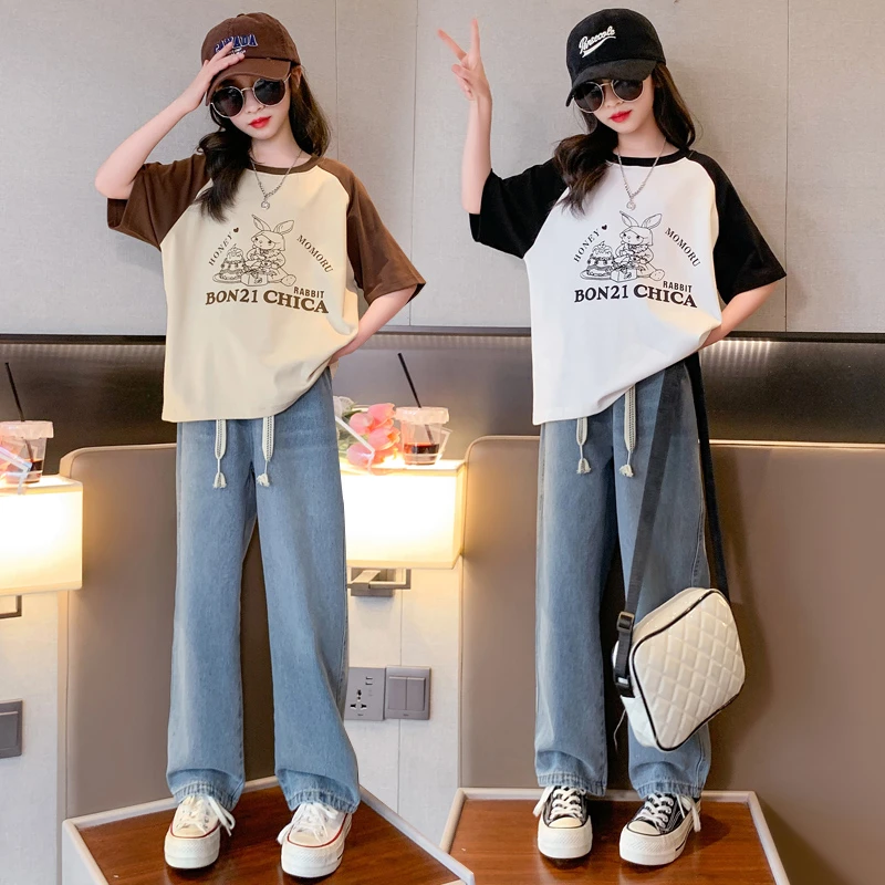 女童夏季套装2023新款韩版潮T小兔软牛仔阔腿裤夏日洋气简约套装