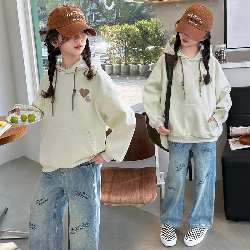 女童春秋套装2024新款秋款韩版洋气简约帽衫牛仔裤套装时尚休闲