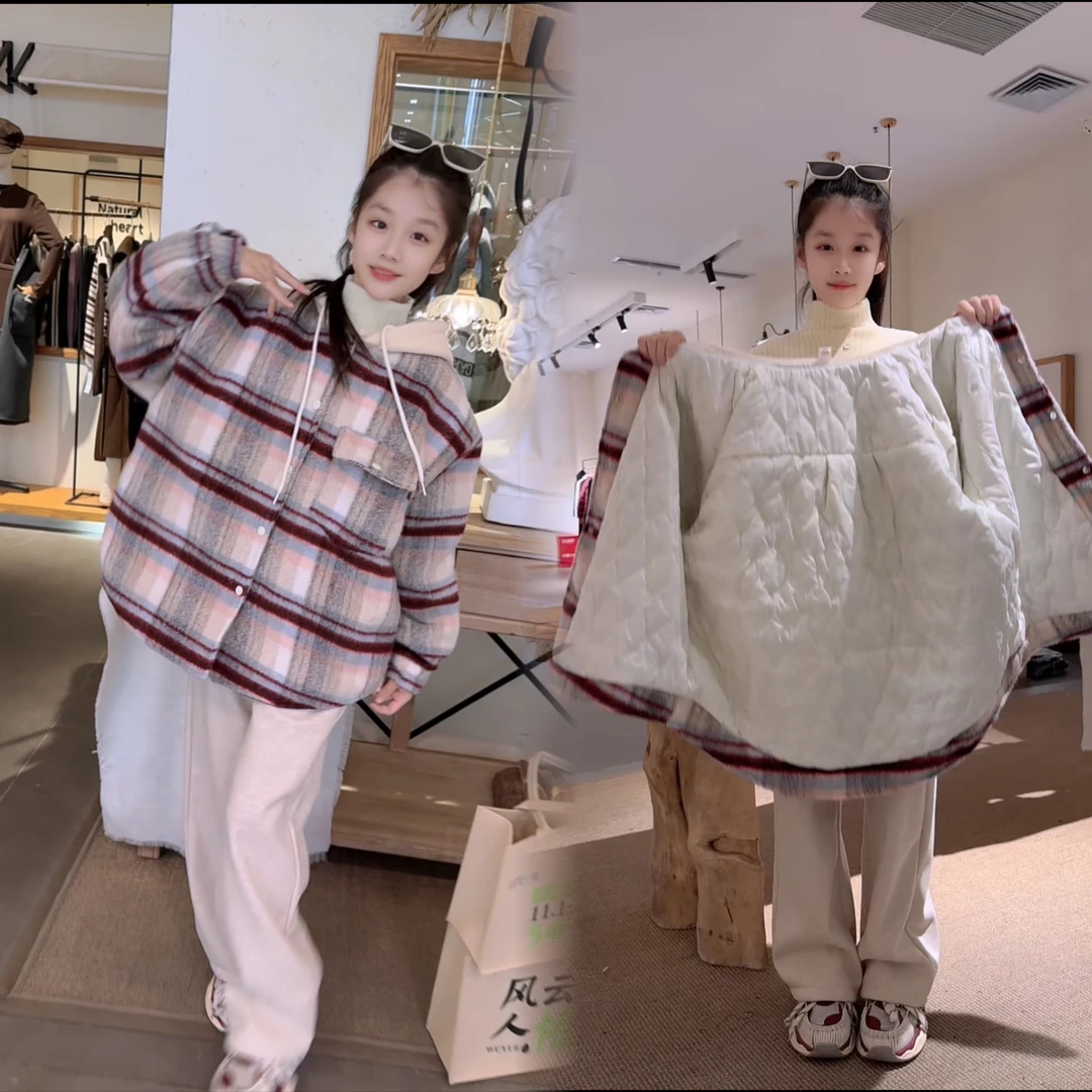 女童连帽格子加棉外套2024秋冬款宽松棉衣 尺码偏大按照身高下单