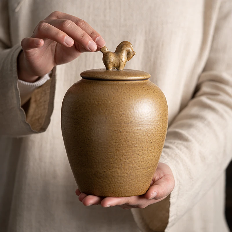 中式复古粗陶陶瓷茶叶罐密封罐大号家用储存罐防潮散装茶罐存茶罐
