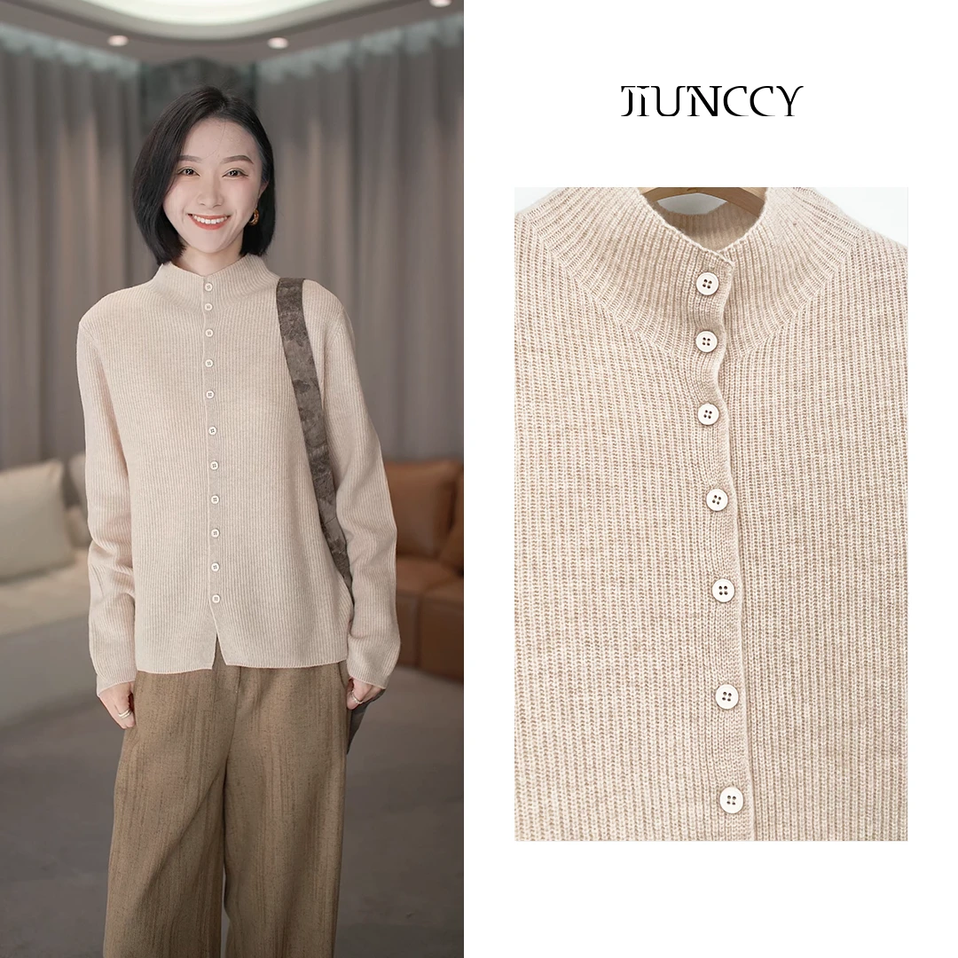 JIUNCCY【篇章】早春全羊毛立领排扣气质百搭针织开衫毛衣 42ZZ199
