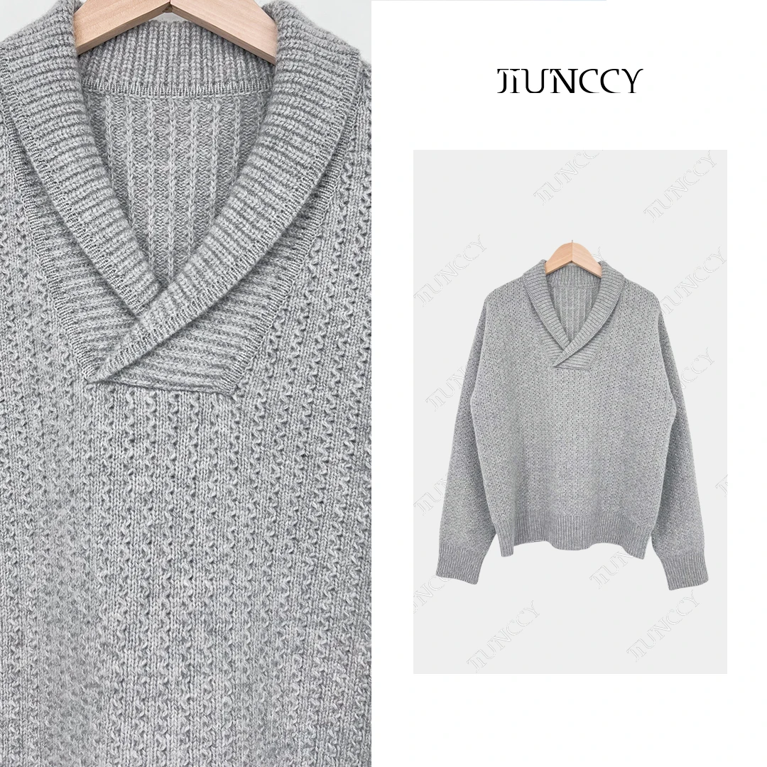 JIUNCCY【山川】100羊毛青果领扳花竖波纹简约休闲套头毛衣 42ZZ168