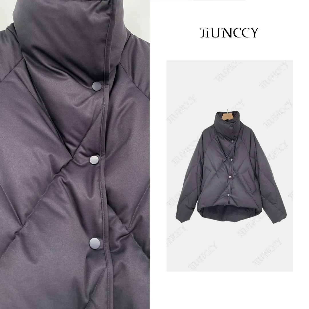 JIUNCCY 【墨云】新国标90白鹅绒立翻领菱格压线短款羽绒服42YRF021