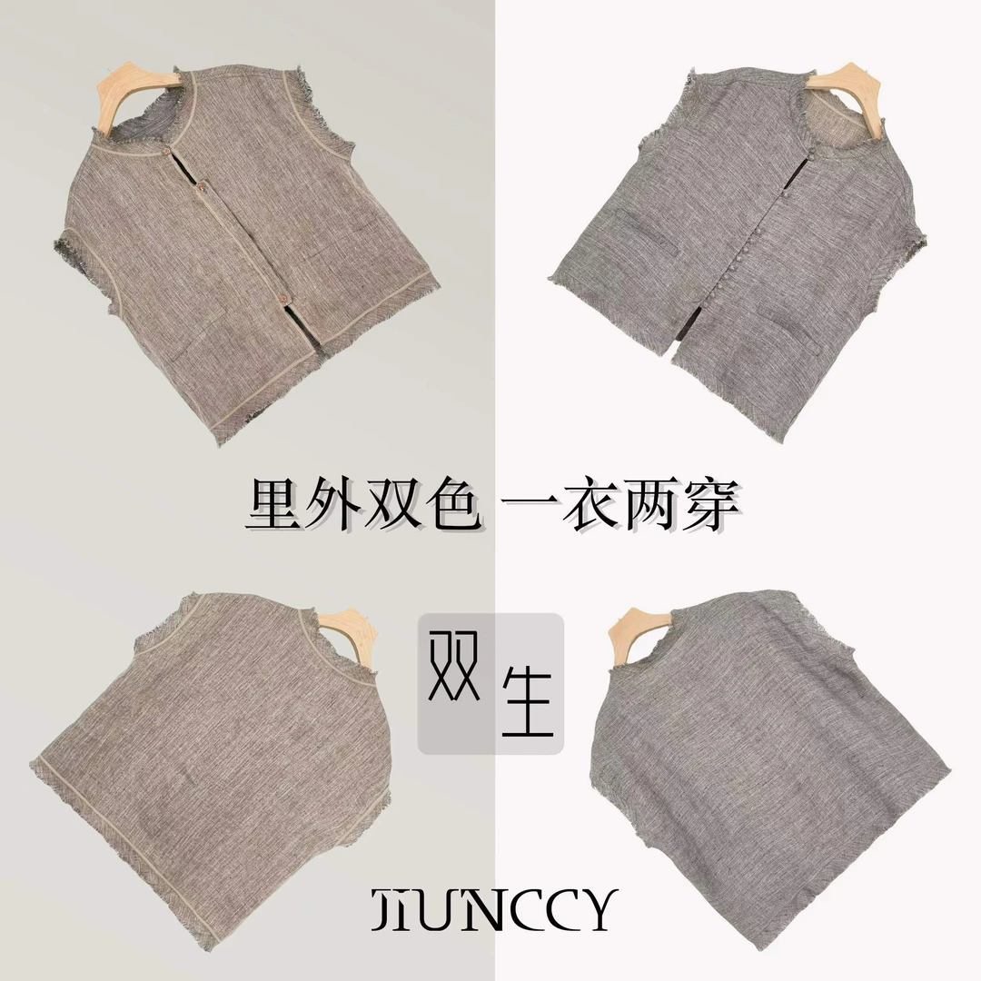 JIUNCCY【双生】100亚麻手挑毛边连肩袖开襟双面双穿上衣 52YCY062